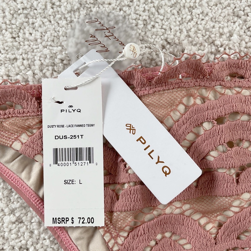 PilyQ Dusty Rose Lace Fanned Teeny Bikini Bottom Ruched Back DUS-251T NWT Size L - Picture 3 of 10